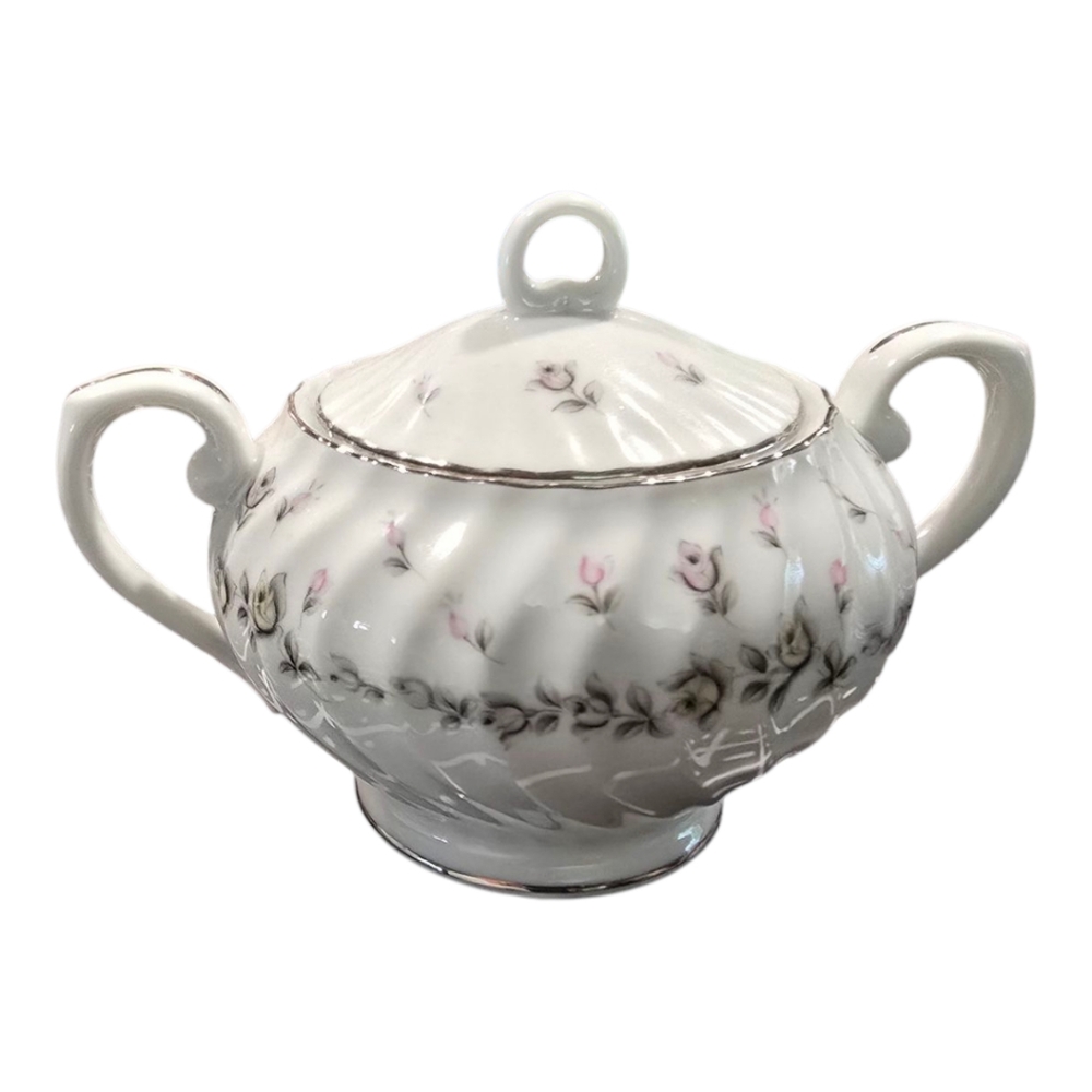 Style House Picardy Fine China Sugar‎ Bowl Lid Pink Rosebud Silver Trim Japan